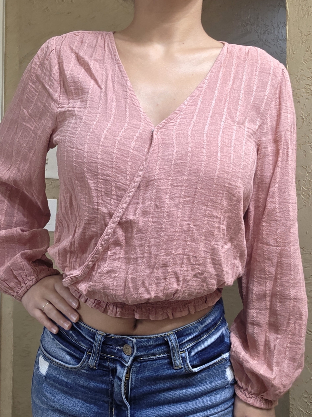 Lucky Brand Blush Pink Wrap-Front Long Sleeve Crop Top